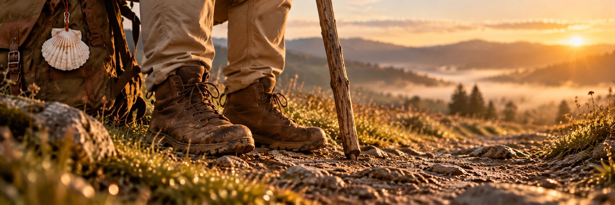 As botas e o cajado do peregrino na estrada, ao amanhecer