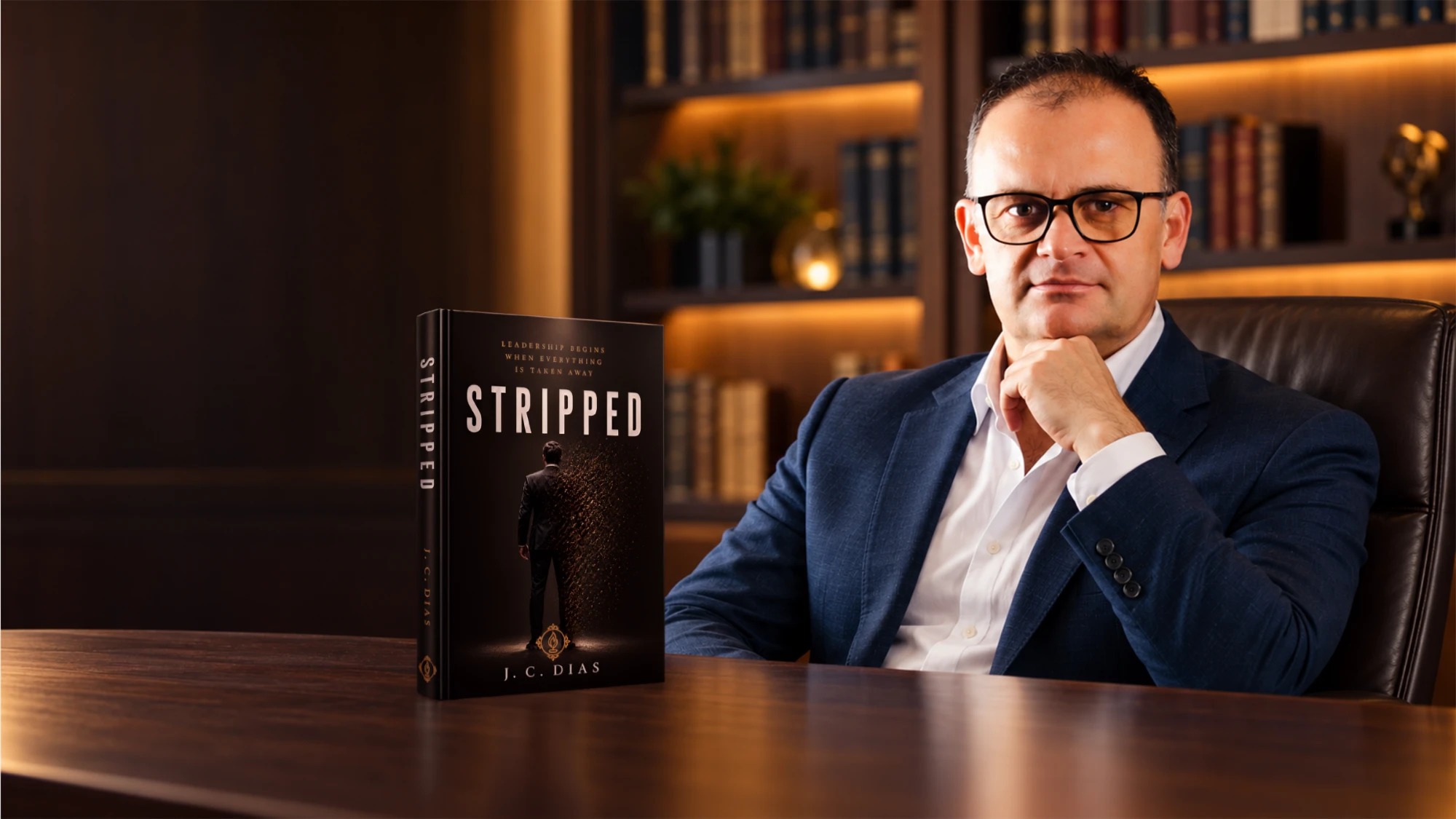 J.C. Dias no escritório, com o livro STRIPPED sobre a mesa